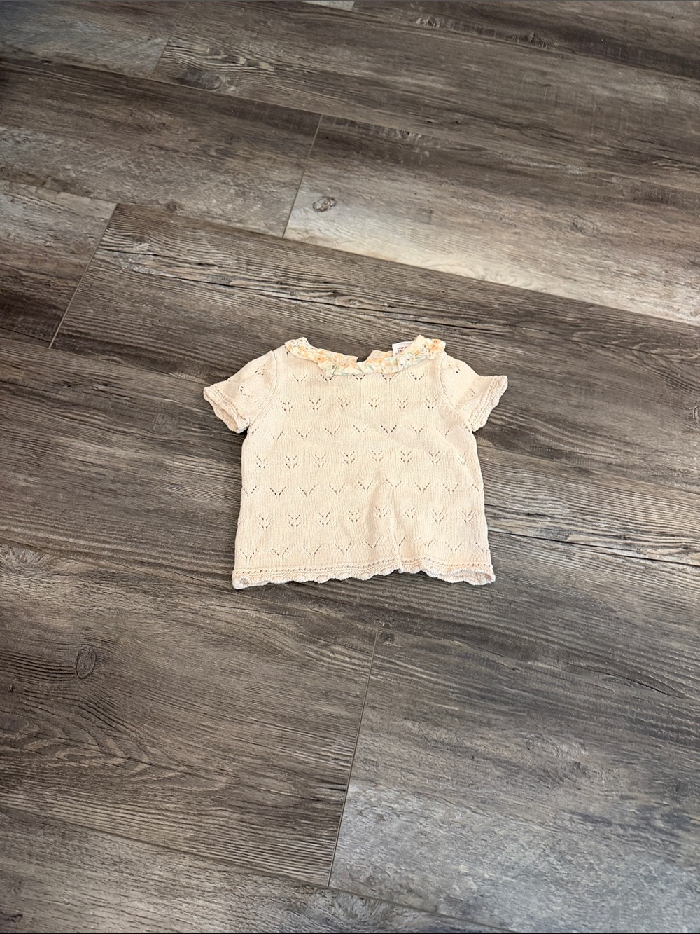 Shabby Chic Girls Cream Knit Short Sleeve Top with Floral Trim